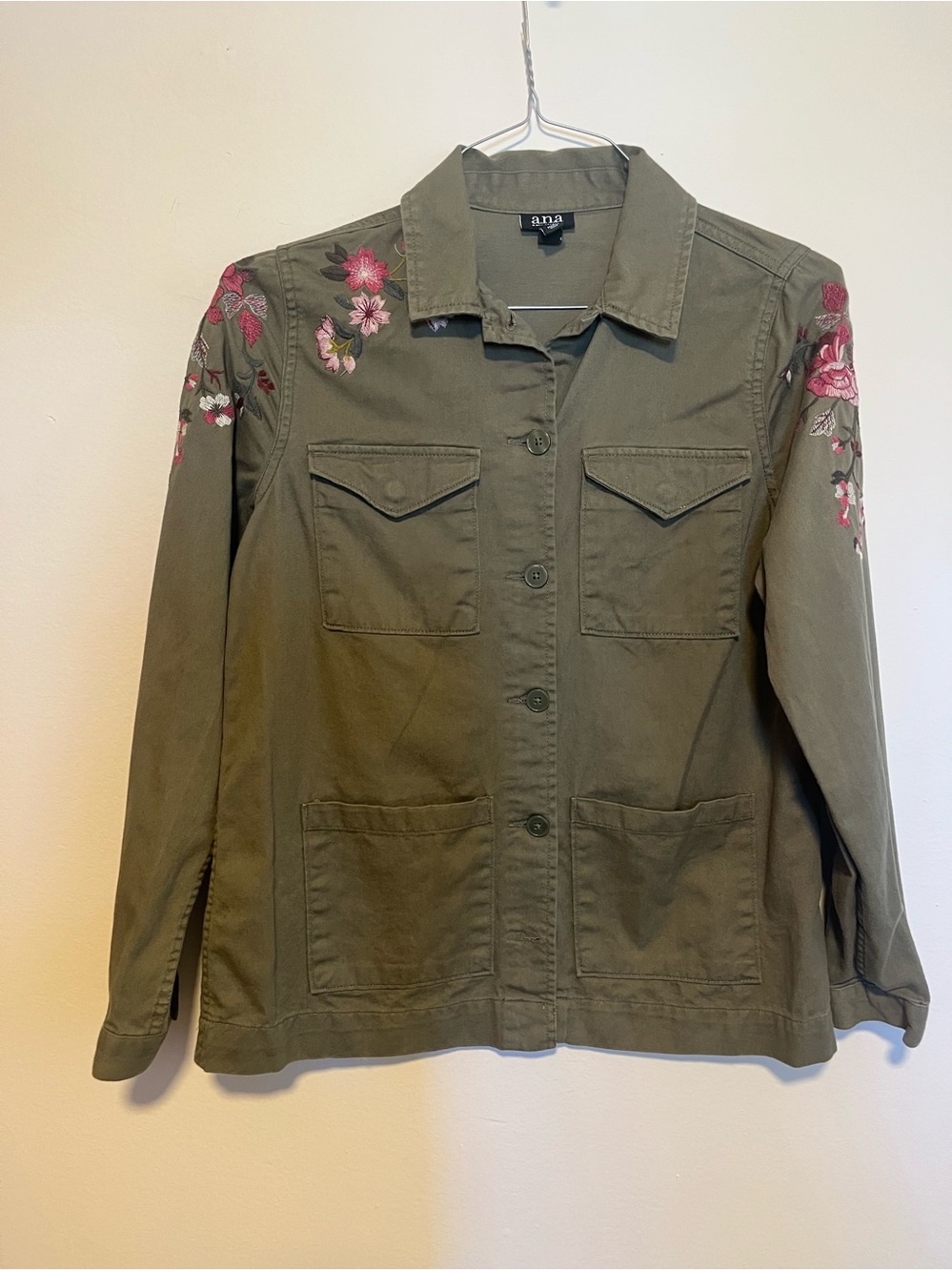 a.n.a Olive Utility Jacket with Pink Floral Embroidery